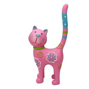 Happy Cat Kitty Ring Holder Pink & Blue Daisies Flowers Resin 3.75" x 1.5" Cute!